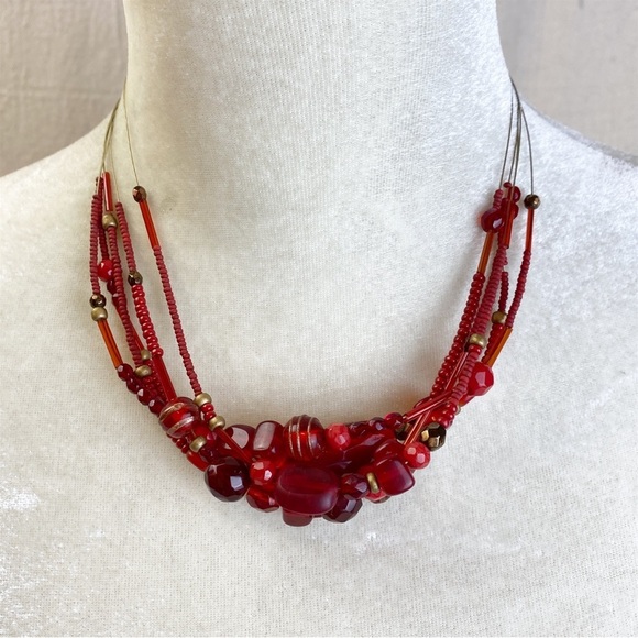 Chicos Red Gold Glass Beaded Multi strand Necklace - Picture 1 of 7